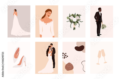 Abstract wedding couple groom and bride, woman portraits, bouquets holiday cards isolated. Fashion minimal trendy people in cartoon flat style. Trendy poster wall print decor vector illustration