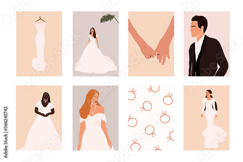 Abstract wedding couple groom and bride, woman portraits, bouquets holiday cards isolated. Fashion minimal trendy people in cartoon flat style. Trendy poster wall print decor vector illustration