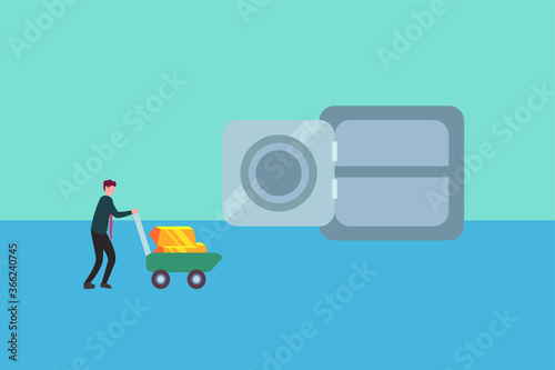 Investment in gold vector concept: businessman pushing a wagon full of gold bar stacks into a vault