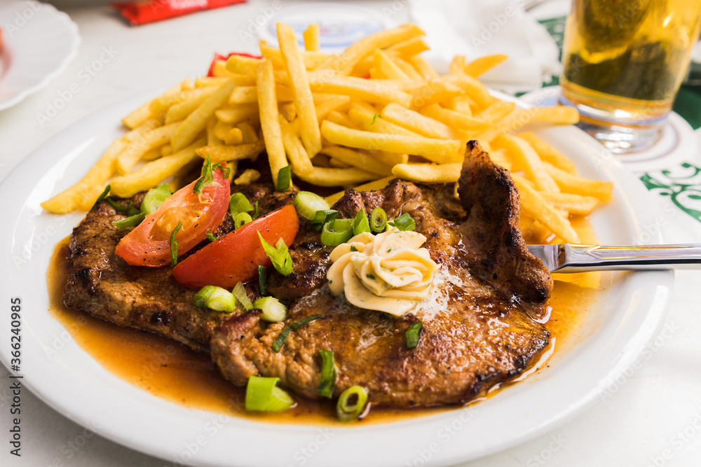 beef steak with french fries