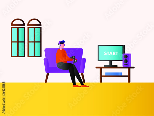 Game addiction vector concept: Young man  playing video games in living room