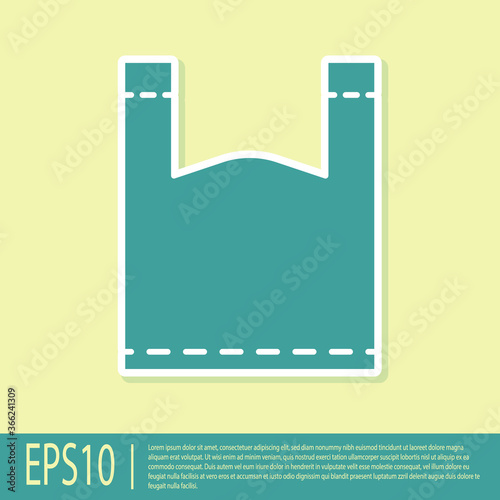 Green Plastic bag icon isolated on yellow background. Disposable cellophane and polythene package prohibition sign. Vector Illustration.