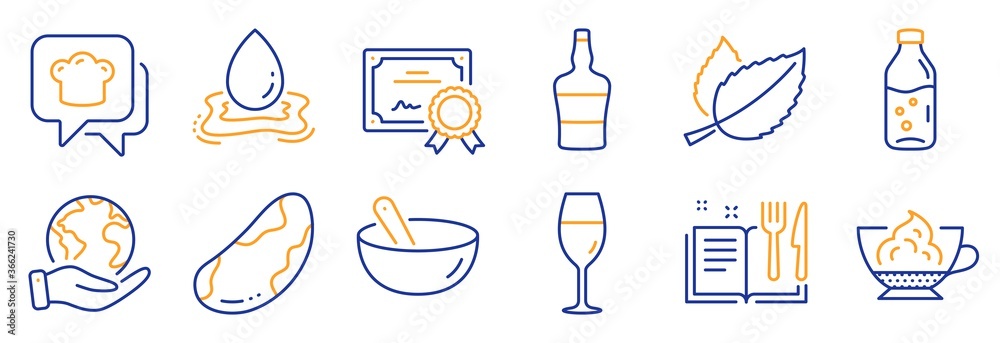 Set of Food and drink icons, such as Scotch bottle, Espresso cream. Certificate, save planet. Cooking hat, Water splash, Water bottle. Brazil nut, Recipe book, Mint leaves. Vector Set of Food and drink icons, such as Scotch bottle, Espresso cream. Certificate, save planet. Cooking hat, Water splash, Water bottle. Brazil nut, Recipe book, Mint leaves. Vector