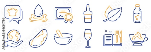 Set of Food and drink icons, such as Scotch bottle, Espresso cream. Certificate, save planet. Cooking hat, Water splash, Water bottle. Brazil nut, Recipe book, Mint leaves. Vector