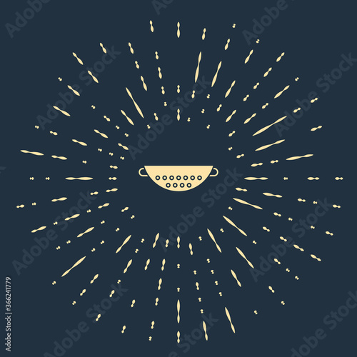 Beige Kitchen colander icon isolated on blue background. Cooking utensil. Cutlery sign. Abstract circle random dots. Vector Illustration.