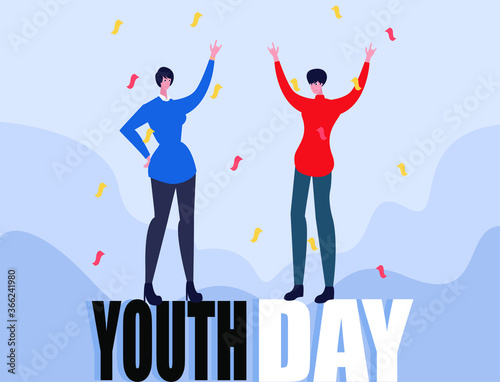 Youth Day vector concept: couple celebrating and cheering under the rain of knickknacks
