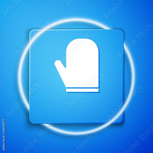 White Oven glove icon isolated on blue background. Kitchen potholder sign. Cooking glove. Blue square button. Vector Illustration.