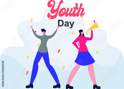 Youth Day vector concept: couple celebrating and blowing trumpet under the rain of knickknacks
