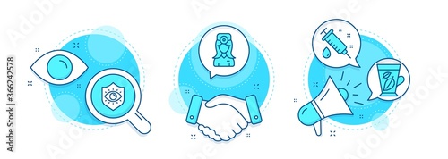 Medical syringe, Eye protection and Mint leaves line icons set. Handshake deal, research and promotion complex icons. Oculist doctor sign. Vaccination, Optometry, Mentha leaf. Optometrist. Vector