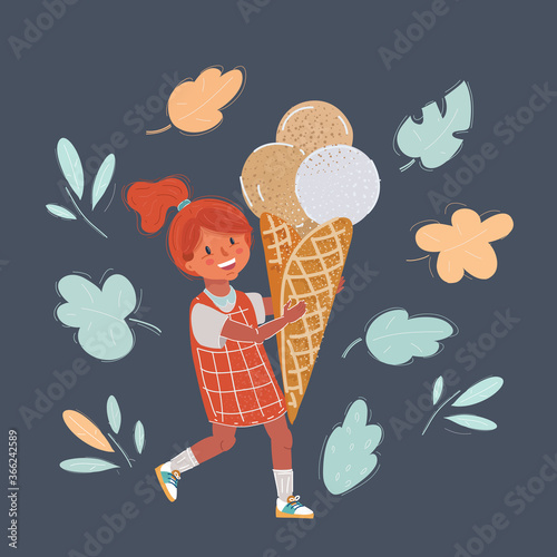 Vector illustration of cute little girl with big ice-cream on dark background.