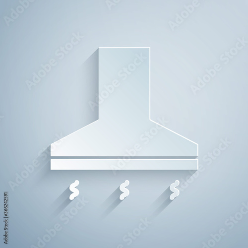 Paper cut Kitchen extractor fan icon isolated on grey background. Cooker hood. Kitchen exhaust. Household appliance. Paper art style. Vector Illustration.