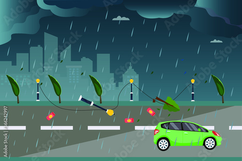 Thunderstorm vector concept: rainy thunderstorm on a traffic full of disarray