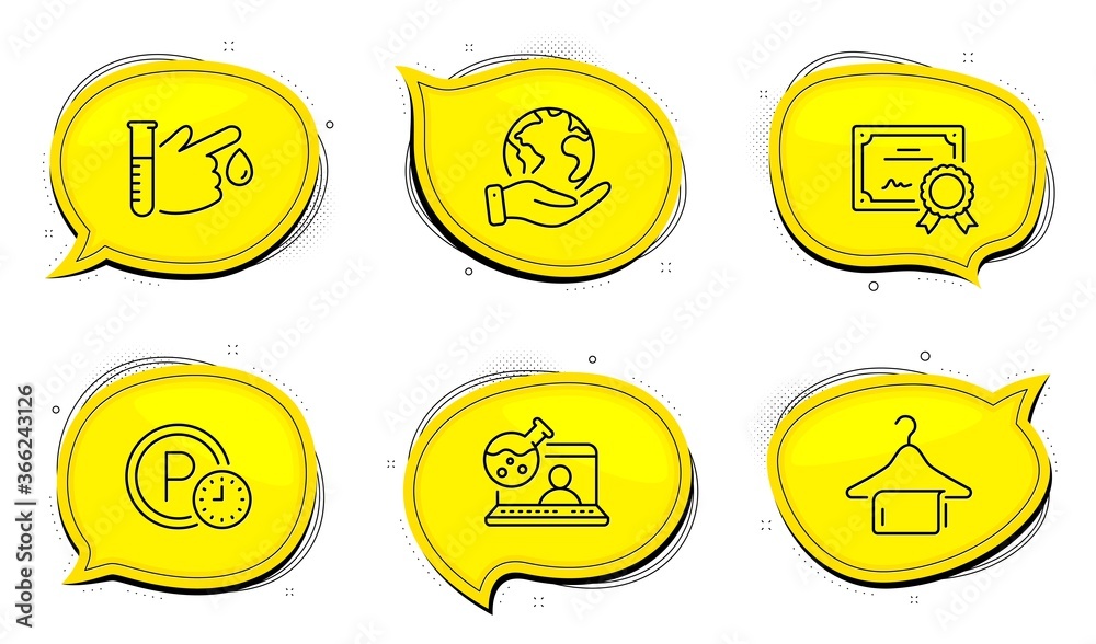 Clean towel sign. Diploma certificate, save planet chat bubbles. Online chemistry, Blood donation and Parking time line icons set. Lab flask, Medicine analyze, Park clock. Laundry hanger. Vector Clean towel sign. Diploma certificate, save planet chat bubbles. Online chemistry, Blood donation and Parking time line icons set. Lab flask, Medicine analyze, Park clock. Laundry hanger. Vector