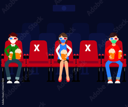 Watching movie in a New Normal vector concept: group of people applying physical distancing while watching movie at the cinema