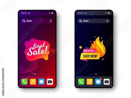 Final sale, Shop now. Smartphone screen banner. Discount hot offer badge. Mobile phone screen interface. Smartphone display promotion template. Online application banner. Vector