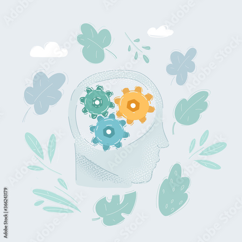 Vector illustration of gears instead of brain in the human head on white background