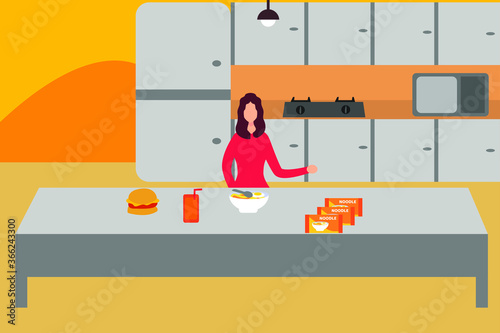 Unhealthy lifestyle vector concept: woman eating instant noodles with hamburger and soda drink
