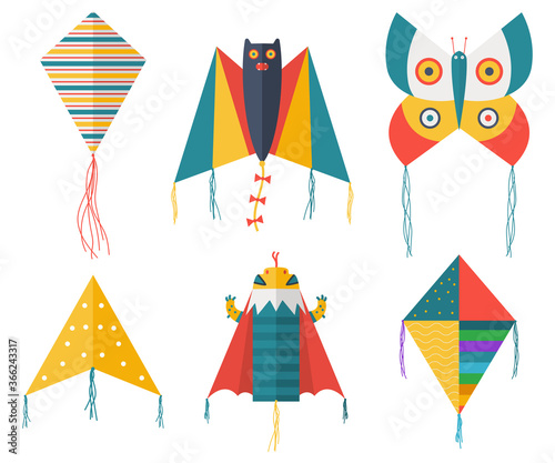 Kites vector cartoon set isolated on a white background.