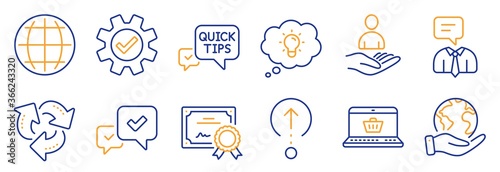 Set of Technology icons, such as Support service, Swipe up. Certificate, save planet. Service, Recruitment, Approve. Quick tips, Recycle, Online shopping. Energy, Globe line icons. Vector
