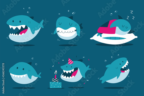 Funny cartoon shark vector characters set isolated on background.