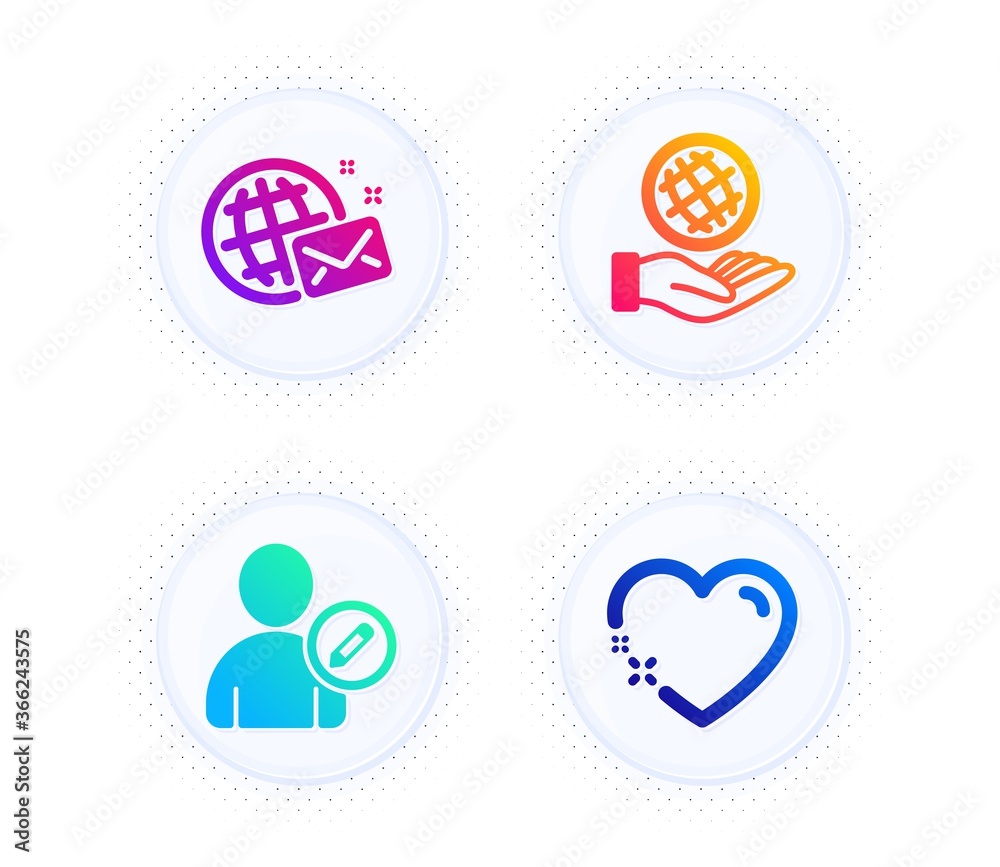 World mail, Safe planet and Edit user icons simple set. Button with halftone dots. Heart sign. Chat, Ecology, Profile data. Love. People set. Gradient flat world mail icon. Vector World mail, Safe planet and Edit user icons simple set. Button with halftone dots. Heart sign. Chat, Ecology, Profile data. Love. People set. Gradient flat world mail icon. Vector