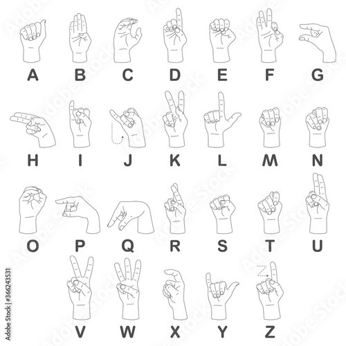 Asl alphabet for disabled people vector illustration isolated on a white background.
