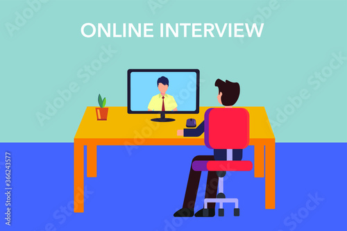 Online interview vector concept: businessman interviewing another man for job interview via conference call