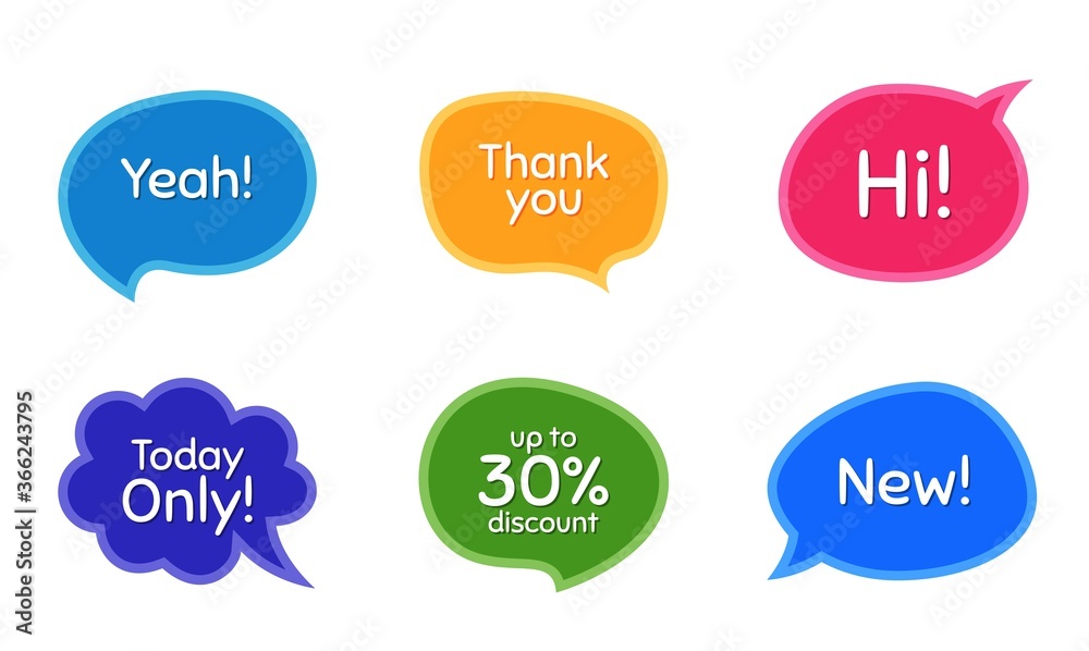 New, 30% discount and today only. Colorful chat bubbles. Thank you phrase. Sale shopping text. Chat messages with phrases. Texting thought bubbles. Vector New, 30% discount and today only. Colorful chat bubbles. Thank you phrase. Sale shopping text. Chat messages with phrases. Texting thought bubbles. Vector