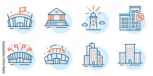 Court building, Arena and University campus signs. Loan house, Arena stadium and Lighthouse line icons set. Skyscraper buildings symbol. Discount percent, Competition building. Buildings set. Vector