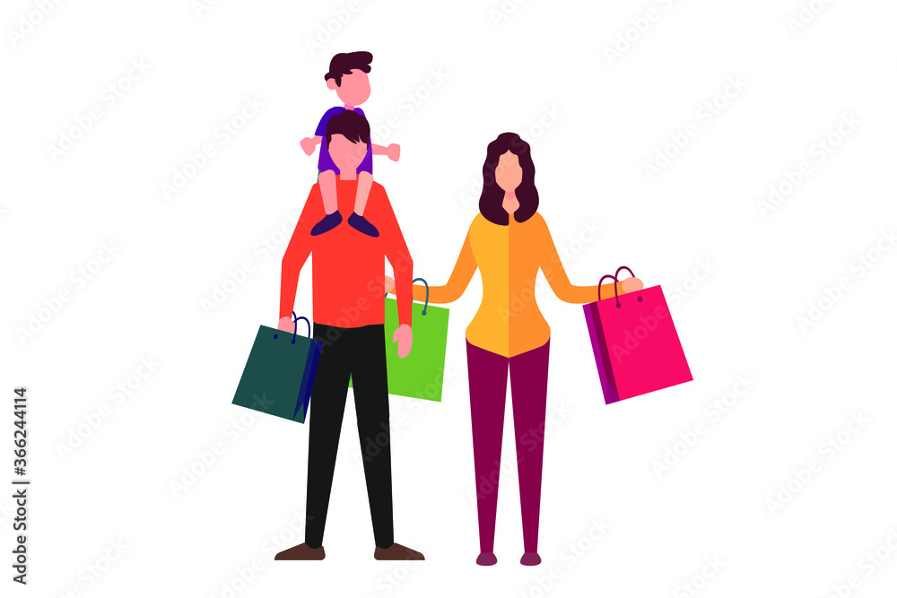 Happy family shopping vector concept: group of family carrying shopping bags, isolated in white background