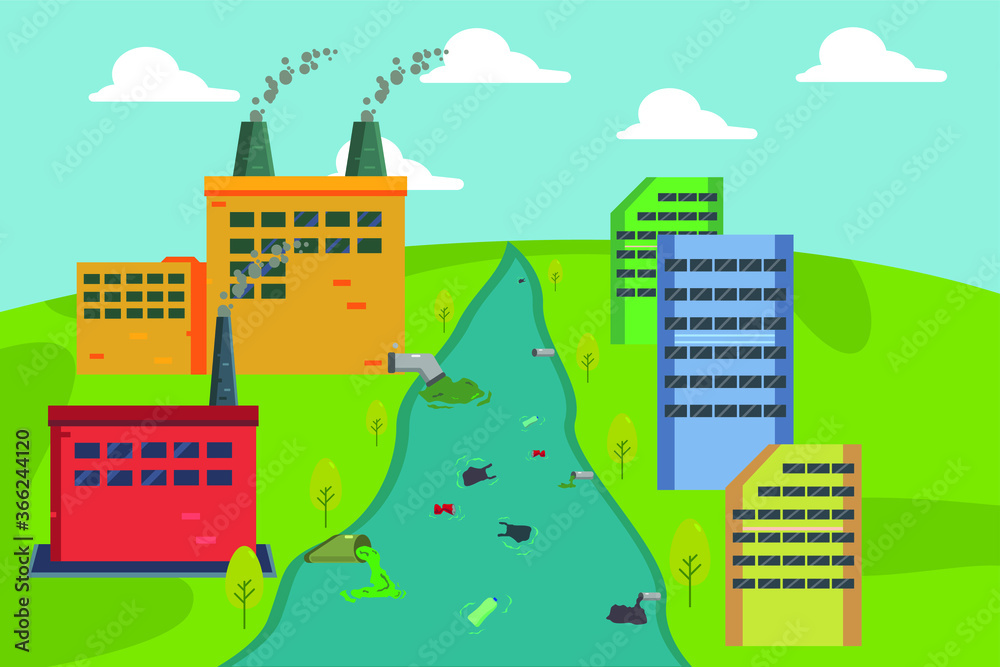 Industry pollution vector concept: factory buildings draining its toxic wastes into the river