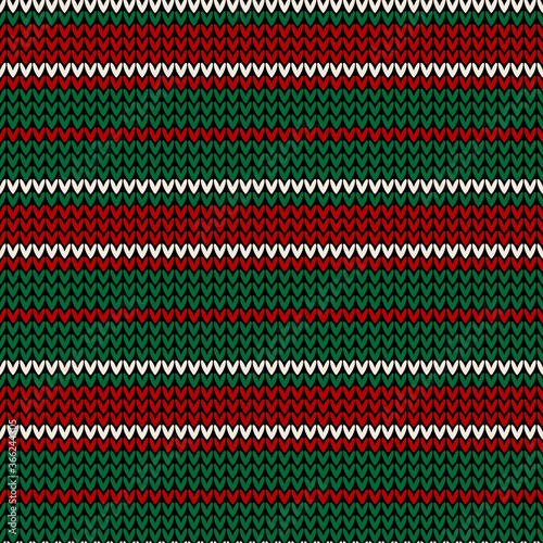 Christmas knitted stripes pattern seamless texture in red, green, off white for winter scarf, top, hat, mittens, skirt, sweater, jumper, or other modern New Year holiday textile design.