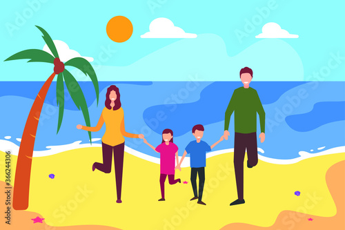 Family holiday vector concept: group of family holding hands together while posing joyfully by raising their legs at the beach