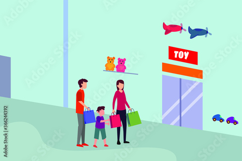 Family toy shopping vector concept: A boy asking his parents to enter a toy store