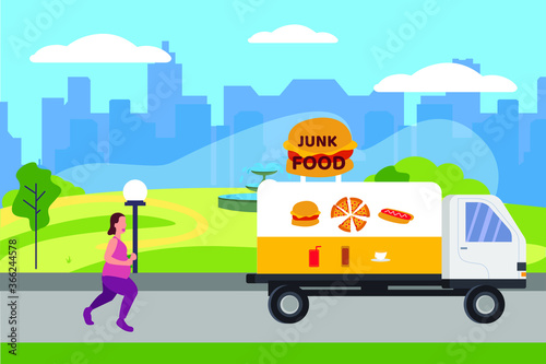Loosing weight vector concept: overweight woman jogging behind the  junk food truck