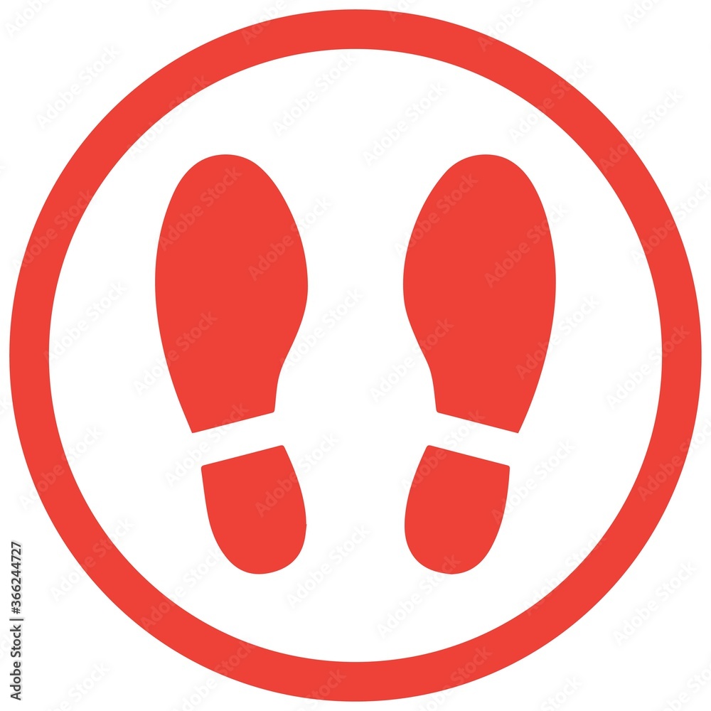 Social distancing concept for preventing coronavirus covid-19 with footprint stand here and red border circle on white background Social distancing concept for preventing coronavirus covid-19 with footprint stand here and red border circle on white background