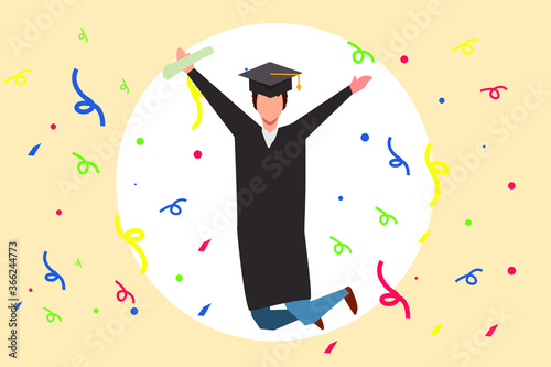 Graduation vector concept: college student wearing academic dress  jumping surrounded by confetti
