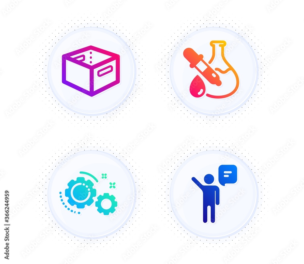 Chemistry experiment, Gears and Office box icons simple set. Button with halftone dots. Agent sign. Laboratory flask, Work process, Delivery box. Business person. Technology set. Vector