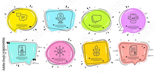 Augmented reality, Attachment and Crane claw machine signs. Speech bubbles with quotes. Networking, Gluten free and Speech bubble line icons set. Speaker, Text message symbols. Vector