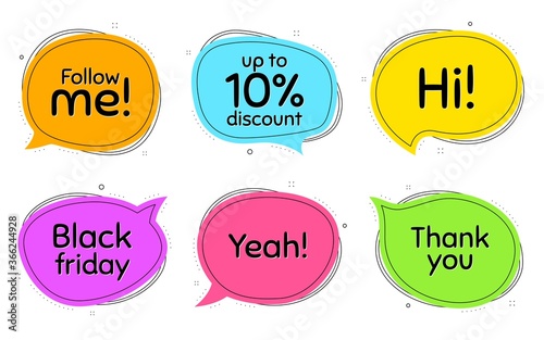 Black friday, 10% discount and follow me. Thought chat bubbles. Thank you, hi and yeah phrases. Sale shopping text. Chat messages with phrases. Colorful texting thought bubbles. Vector