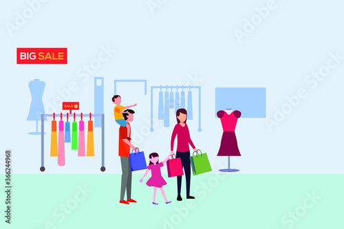 Family shopping vector concept: Happy family shopping at the clothing store