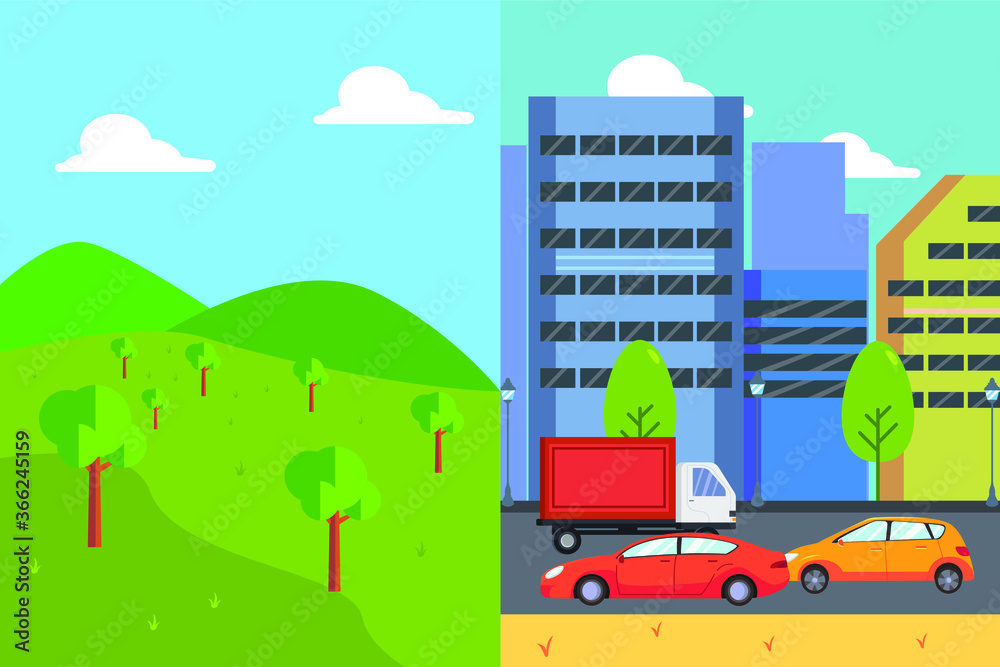 City traffic vector concept: City buildings with cars and truck on the road