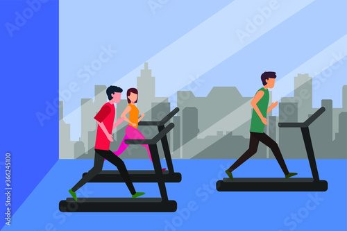 Healthy lifestyle vector concept: group of people running on the treadmills in the gym