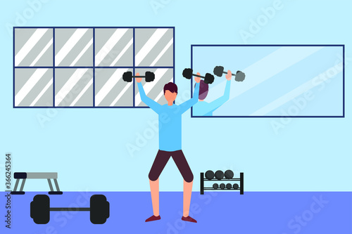 Bodybuilding vector concept: man lifting barbells in a gym