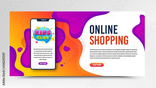 Kids club icon. Phone screen mockup fluid banner. Fun playing zone banner. Children games party area icon. Social media banner with smartphone screen. Shopping mockup web template. Vector