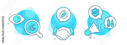 Anti-dandruff flakes, Capsule pill and Medical vaccination line icons set. Handshake deal, research and promotion complex icons. Medical tablet sign. Vector