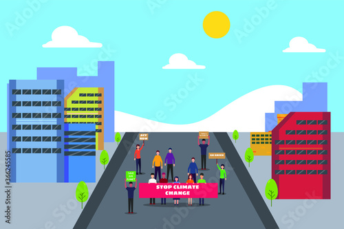 Climate change demonstration vector concept: march of people lifting climate change protest signs in the city