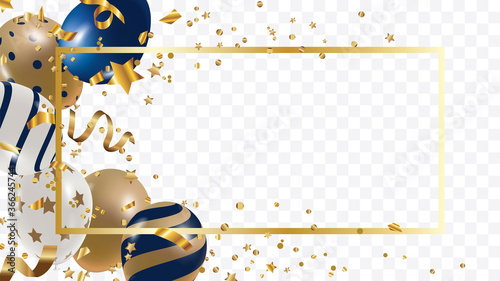 Luxury Gold foil balloons with confetti and Festive ribbon in white background.  3d realistic vector illustration for anniversary, birthday, sale and promotion,  party design element.