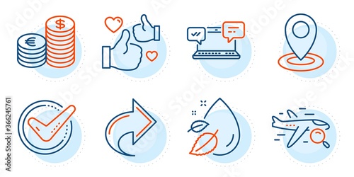 Confirmed, Like and Internet chat signs. Currency, Share and Location line icons set. Water drop, Search flight symbols. Euro and usd, Link. Business set. Outline icons set. Vector