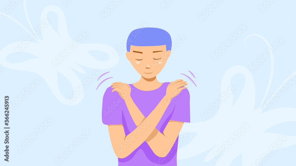 Butterfly hug. A psychology technique for self-soothing from anxiety and anger. A man cross his arms and tap his shoulder. It’s OK to not be OK. Vector illustration. Flat design